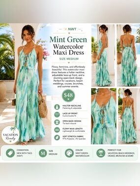 Mint Green Watercolor Halter Maxi Dress — Lace-Up Back